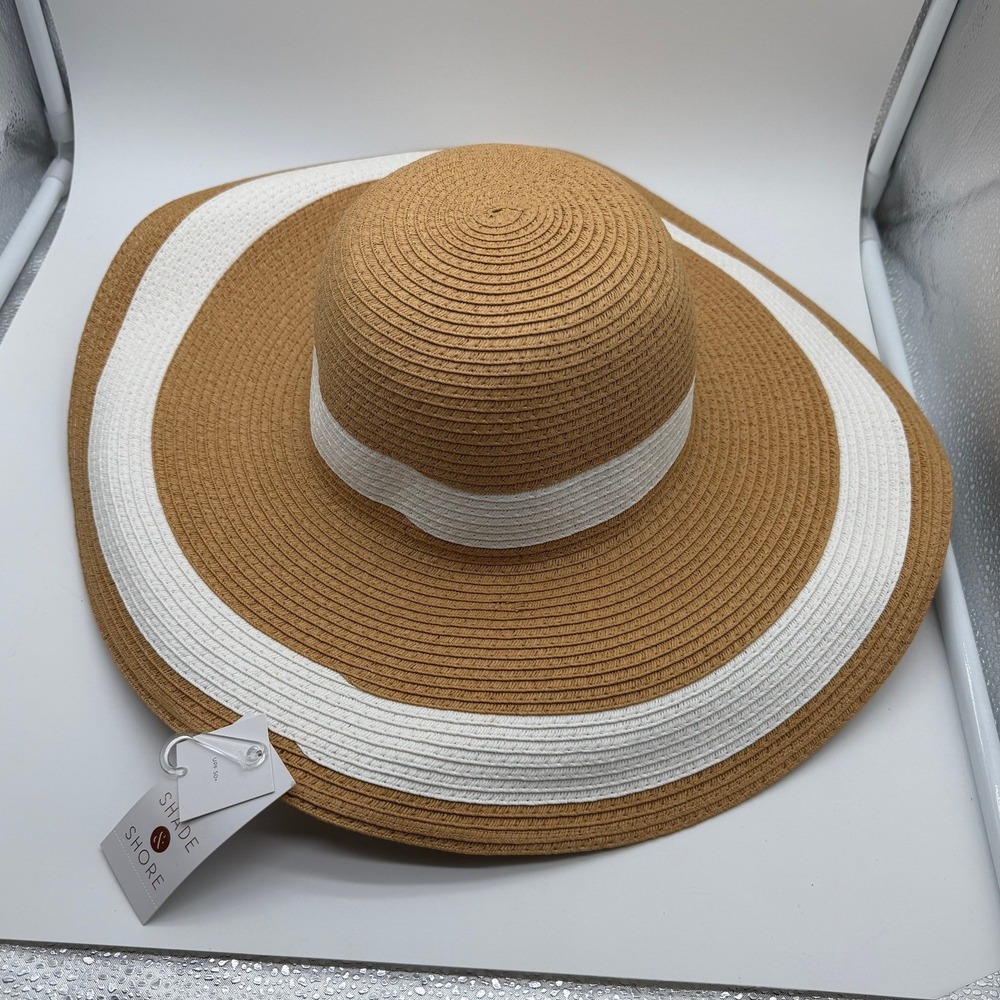 Shade & Shore Tan White Striped Wide Brim Straw Sun Hat UPF 50+ 2495